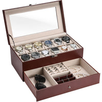 1 x RAW Customer Returns ProCase 2 layers watch box jewelry watch storage box with glass lid, watch box jewelry box watch case 12 compartments and 1 drawer for watches, rings, bracelets - brown - RRP €40.2