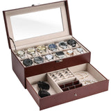 1 x RAW Customer Returns ProCase 2 layers watch box jewelry watch storage box with glass lid, watch box jewelry box watch case 12 compartments and 1 drawer for watches, rings, bracelets - brown - RRP €40.8