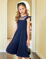 1 x RAW Customer Returns Arshiner Girl s Dress Solid Color Wave Sleeve Mesh A Line Skater Dress Party Dress with 2 Side Pockets Casual Summer Dresses 11-12T Navy Blue 150 - RRP €25.69