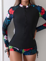 1 x RAW Customer Returns Owntop Women s 2 Piece Rash Guard, Long Sleeve Swimsuits UV UPF 50 Swim Shirt, Zipper Rash Vest, Floral Swimwear with High Waisted Boyshort Bottom for Swimming Surfing, Red XL - RRP €30.24