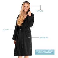 1 x RAW Customer Returns Bathrobe women - 100 cotton 350g m OEKO-TEX certified - dressing gown women with hood, 2 pockets, belt - black - S - RRP €37.99