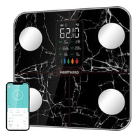 1 x RAW Customer Returns Body fat scale, personal scale, digital scale with body fat and muscle mass for 15 body data, heart rate monitor scale for Apple and Android, marble black - RRP €55.99