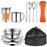 1 x RAW Customer Returns Stainless steel camping cutlery, 10 piece camping tableware set, 1-2 person outdoor travel cutlery with plate, bowl, cup, fork, spoon and cutlery bag, for camping picnic hiking orange  - RRP €25.99