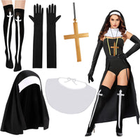 1 x RAW Customer Returns XEPST Pack of 5 nuns costume for women, nuns outfit accessories, nuns headdress, nuns collar, gloves, cross pendant, necklace, knee socks, Halloween costumes for women, cosplay carnival costume - RRP €16.99