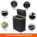 1 x RAW Customer Returns  3 compartments with lid 145L -  with lid, laundry collector 3 compartments with lid  foldable, s laundry box with 3 laundry bags 6 washing instructions black , HANNELORE - RRP €42.85