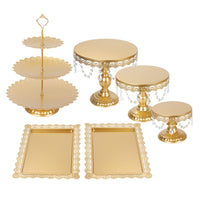 1 x RAW Customer Returns Snowtaros 6 Pieces Vintage Round Cake Stand, Dessert Serving Plate, 3 Tier Metal Cake Stand with Crystal Beads, Party Wedding Decoration Gold-6pcs  - RRP €87.99