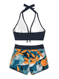 1 x RAW Customer Returns GORGLITTER Women s Halterneck Bikini Short Set Two Piece Swimsuit Bohemian Beachwear Swimmsuit with Leaf Pattern Blue M - RRP €35.99