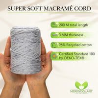 1 x RAW Customer Returns MeriWoolArt Macrame Yarn Grey - Macrame Yarn 3mm colored 200m - Super soft yarn, single twisted macrame cord - Oeko-Tex 96 recycled cotton yarn colored - DIY Boho decoration macrame - RRP €15.1