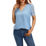 1 x RAW Customer Returns Loalirando Women s Shirt with Short Sleeve Lace Blouse Elegant V-Neck T Shirt Sexy Office Blouse Casual Summer Shirt Tops Elegant Women s T-Shirt Light Blue, XXL  - RRP €21.62