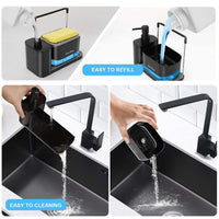 1 x RAW Customer Returns Kitchen Soap Dispenser with Sponge Holder and Tablecloth Holder, 3-in-1 Hand and Dish Soap Dispenser Set, for Kitchen Sink Countertop Storage Organizer Black  - RRP €18.68