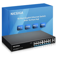 1 x RAW Customer Returns 16 Port Gigabit PoE Switch Unmanaged, 16 Port PoE 250W, 2 Gigabit Uplink Ports, NICGIGA 18 Port Gigabit Network Power Over Ethernet Switch, VLAN Mode, 19 Zoll RackMount, Plug and Play. - RRP €127.28