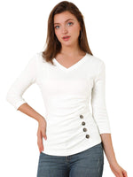 1 x Brand New Allegra K Women s V Neck 3 4 Sleeves Solid Knit Button Decor Ribbed Top White 3XL - RRP €29.99