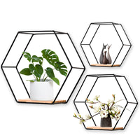 1 x RAW Customer Returns LMYDIDO Set of 3 Hexagon Wall Shelves Hanging Shelf, Metal and Wood Floating Shelf Wall Storage Organizer for Kitchen Shelf, Bathroom, Bedroom, Wall Decoration Black  - RRP €30.24