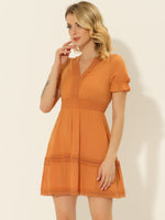 1 x RAW Customer Returns Allegra K Women s Short Sleeve V Neck Elastic Waist Solid Mini Dress Orange S - RRP €47.99