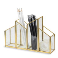 1 x RAW Customer Returns Industor Desk Organizer Gold - Pen holder desk with four compartments made of glass - Make Up Organizer - Office decoration and office accessories - RRP €18.1