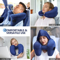 1 x RAW Customer Returns Sunany Neck Pillow Inflatable Travel Pillow Comfortably Supports Head, Neck and Chin, Airplane Pillow with Soft Velor Cover, Hat, Portable Drawstring, 3D Eye Mask and Earplugs Blue  - RRP €29.23