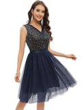 1 x Brand New Gardenwed sequin dress women elegant V-neck festive glitter dress tulle dress party youth consecration dress cocktail dress navy M - RRP €46.38