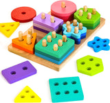 1 x RAW Customer Returns HELLOWOOD Montessori toys from 1 2 3 years, wooden sorting and stacking toy puzzle for 12 months baby boys and girls, 24 pieces geometric construction kit, shape sorter puzzles - RRP €17.14