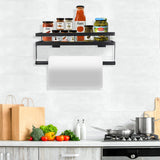 2 x RAW Customer Returns Roselee spice rack wall without drilling, metal spice rack with kitchen roll holder and 4 removable hooks, kitchen shelf hanging spice rack for gluing or drilling for kitchen, bathroom, cupboard door, black 35 cm - RRP €67.98