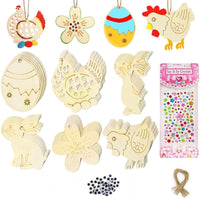 1 x Brand New JUTAWAV Pack of 122 Easter wooden pendants for painting, Easter crafts for children, Easter decorations for children, Easter gifts craft set, with watercolor pencils, bells, rhinestones, hanging Easter wood - RRP €20.4