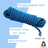 2 x Brand New Polypropylene rope, 8m mooring line, for climbing, camping, diameter 10mm, blue - RRP €40.8