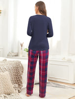 1 x RAW Customer Returns Famulily Pajama Sets for Women Soft Lounge Sets O-Neck Sleepwear Tops Printed Checked Long Pants Navy Blue XXL - RRP €29.23