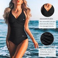 1 x RAW Customer Returns Women s Shaping Swimsuit Push Up High Waist Swimwear Elegant V-Neck Bodysuit One Piece Monokini S, Black  - RRP €29.0