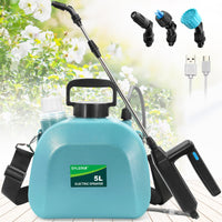 1 x RAW Customer Returns SYLSTAR Pressure Sprayer 5 Liters, Electric Plant Sprayer with 3 Mist Nozzles, USB Rechargeable Handle and Telescopic Pole, Garden Sprayer, Weed Sprayer Water Sprayer with Adjustable Shoulder Strap Blue  - RRP €49.99