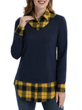 1 x RAW Customer Returns DJT FASHION Women s 2-in-1 Checked Casual Blouse Long Sleeve Shirt Navy - Yellow Plaid XL - RRP €22.99