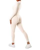 1 x RAW Customer Returns RXRXCOCO Ribbed Long Sleeve Jumpsuits Women with Zipper Tight Round Neck One Piece Tummy Control Sports Yoga Overall Romper Apricot M - RRP €35.99