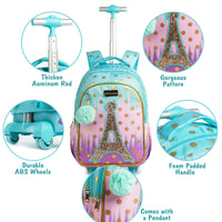 1 x RAW Customer Returns Wenlia School Backpacks with Wheels, Pencil Case, Lunch Bag 3 in 1 School Backpack Set, Girls Trolley Backpack Eiffel Tower, School Bag for Kids Gift School - RRP €74.77