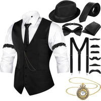 1 x RAW Customer Returns 1920s Men s Accessories with Vest Fedora Hat Pocket Watch Bow Tie Suspenders and Prop Black, L  - RRP €31.25