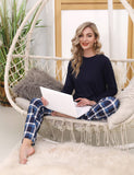 1 x RAW Customer Returns Uniexcosm Pajamas Women Cotton Pyjama Set Long Two Piece Nightwear Raglan Sleeve Sleepwear and Checked Pyjama Pants House Suit Leisure Suit Style 1 Navy Blue-1 M - RRP €29.03