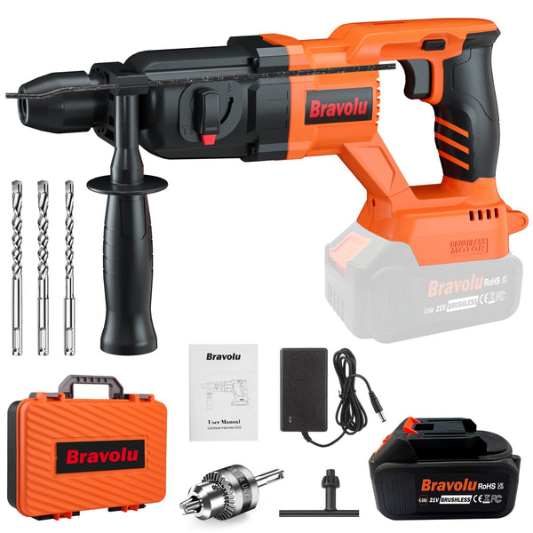 1 x RAW Customer Returns Bravolu 21V Cordless Hammer Drill, 6J Percussion Drill 4000 BPM, Cordless Hammer Drill 2 Modes, 4.0Ah and 1 2 Inch Chuck - RRP €39.34