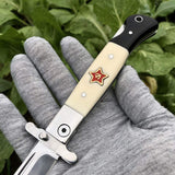 1 x RAW Customer Returns Promithi Russian Knife Finka NKVD Knife KGB Manual Folding Pocket Knife Black and White Handle 440C Blade for Camping Outdoor - RRP €30.23