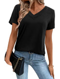 1 x RAW Customer Returns Amoretu Women s Summer T-Shirt V-Neck Pleated Casual Short Sleeve T-Shirt A Black XXL - RRP €24.0