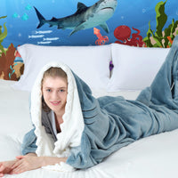 1 x RAW Customer Returns ZOSONET Shark Blanket - Shark Blanket - Super Soft Cozy Flannel with Hood, Shark Suit, Shark Blanket with Hood, Wearable Shark Sleeping Bag for Adults and Kids L - RRP €31.76