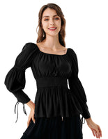 1 x RAW Customer Returns Women s Medieval Tunic Lantern Sleeve Smocked with Lacing Renaissance Shirt Black XL - RRP €39.24