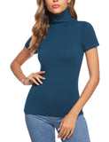 1 x RAW Customer Returns Totatuit Women s Turtleneck Short Sleeves Elegant Turtleneck Sweater Basic T-Shirt High Neck Casual Stretch Top Spring Blue L - RRP €20.16