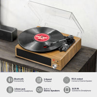 1 x RAW Customer Returns Vinyl Record Player, FYDEE Vintage Bluetooth Turntable with 3 Speeds 33 45 78 RPM and 2 Built-in Speakers, Portable Vinyl Player Supports Headphone Jack, RCA, AUX - Natural Wood - RRP €79.98