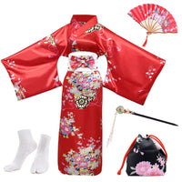 1 x RAW Customer Returns PLULON 5pcs Japanese Robe Geisha Yukata Dress Flower Satin Bathrobe with Drawstring Bag Hand Fan Hairpin Tabi Socks Set for Women - RRP €27.66