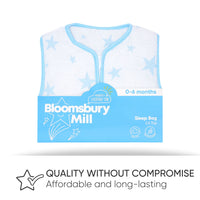 1 x Brand New Bloomsbury Mill - Organic Cotton Baby Sleeping Bag - 2.5 TOG for 4 Seasons - Super Soft Breathable Muslin - Newborn Bedding - 0 to 6 Months - Blue Stars - RRP €23.48