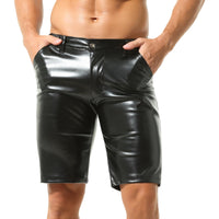 1 x RAW Customer Returns QiaTi Men s PU Leather Elastic Waist Shorts Casual Zipper Shorts Men Sexy Pockets Shorts for Workout Party Black, L  - RRP €28.99