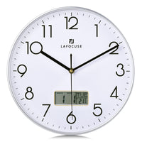 1 x RAW Customer Returns Lafocuse Silent Wall Clock with Calendar Digital LCD, Modern Wall Clock with Date Day of the Week and Thermometer, Silver Analog Quartz Clock for Living Room Bedroom Office Kitchen 30cm - RRP €23.59