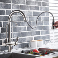 1 x RAW Customer Returns Onyzpily Brushed Nickel Pure Water Kitchen Faucet with Extendable Double Handle Hot and Cold Drinking Water 3 Way Filter Kitchen Mixer Taps - RRP €71.59