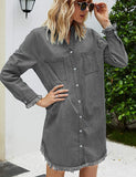 1 x RAW Customer Returns Zilcremo women s V-neck blouse dress shirt dress denim dresses long sleeve button down shirt dress tunic dresses top grey M - RRP €39.99