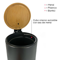 3 x RAW Customer Returns EURASIA STORE - Metal Trash Can with Bamboo Lid, 3L, 17x22.5x23.5 cm, Small Trash Can with Pedal, Carrying Handle, Metal and Bamboo, for Bathroom, Kitchen or Desk Black Trash Can  - RRP €56.37