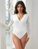 1 x RAW Customer Returns comeondear Sexy Bodysuit for Women Large Sizes Long Sleeve Tops Lace V-Neck Jumpsuit Bodysuit Curvy Lace Body Elegant Blouse Body Traditional Body Party Outfit Tops with Buttons White, XL  - RRP €28.99