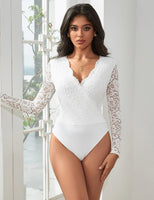 1 x RAW Customer Returns comeondear Sexy Bodysuit for Women Large Sizes Long Sleeve Tops Lace V-Neck Jumpsuit Bodysuit Curvy Lace Body Elegant Blouse Body Traditional Body Party Outfit Tops with Buttons White, XL  - RRP €28.99