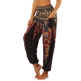 1 x RAW Customer Returns Nuofengkudu Woman Hippie Harem Pants Baggy Pants Harem Pants Aladdin Pants Boho Patterned Smocked Waist with Pockets Yoga Pants Casual Pants Summer Pants Beach Pants, Black Peacock - RRP €23.99